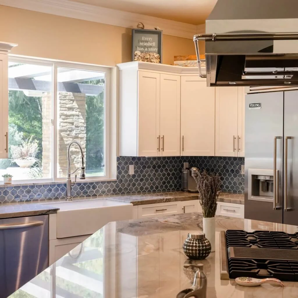 Close-up of backsplash on kitchen remodel.